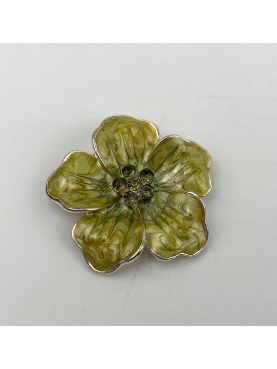 Unbranded Jewelry - 50's Green Flower Enamel Rhinestones Vintage Brooch Glossy Retro Cute Costume